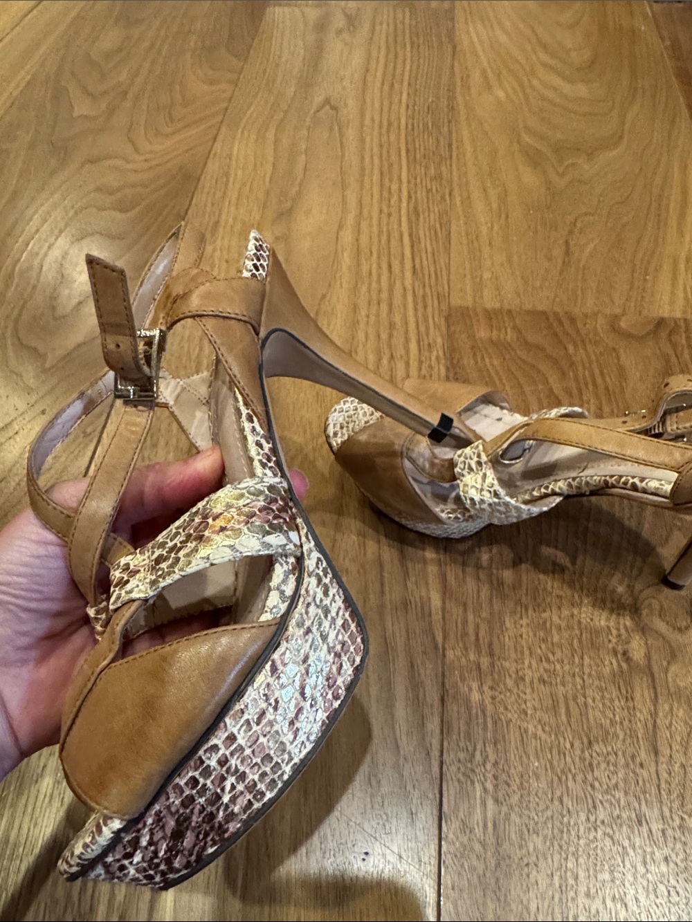 Vince Camuto Tan Leather Slingback Heels with Snake-Print Accents